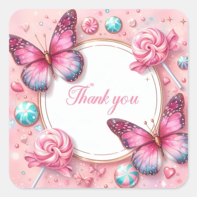 Sticker Carré Papillon de sucrerie rose Lollipop - Merci - (Devant)