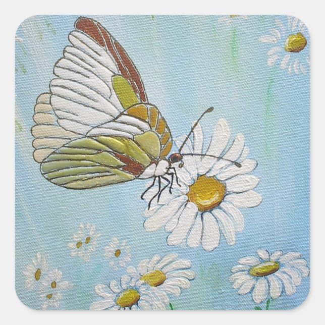 Sticker Carré Papillon d'or sur une marguerite blanche (Devant)