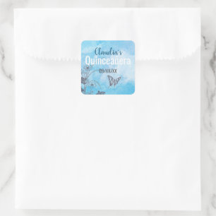 Sticker Carré Papillon et fleurs en argent sur Quinceanera bleu