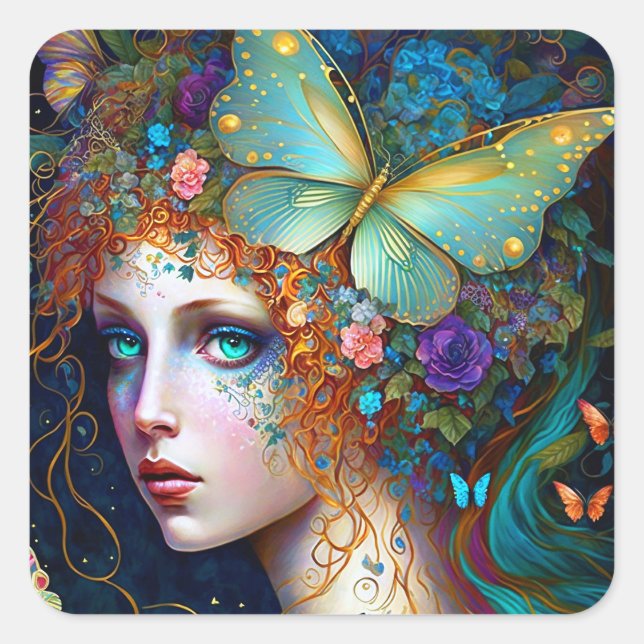 Sticker Carré Papillon Fairy Elf Lady Imaginaire Art (Devant)