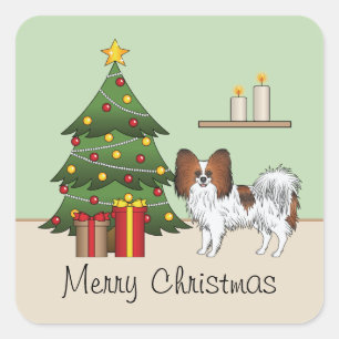 Sticker Carré Papillon Fauve Rouge Mignon Chien Près D'un Arbre