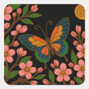 Sticker Carré Papillon Fleur de Cerisier Lune