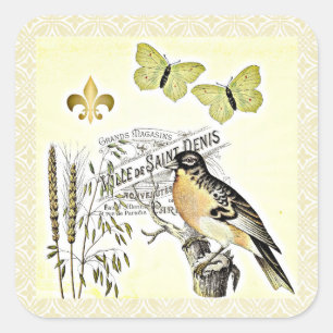 Sticker Carré Papillon français vintage Fleur d'oiseau de