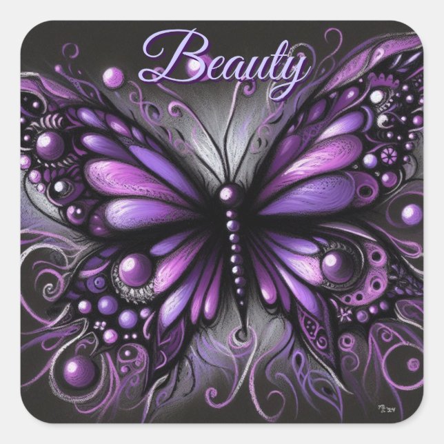 Sticker Carré Papillon gothique blanc violet noir couleur (Devant)