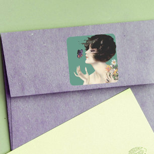 Sticker Carré Papillon Lady Art Déco vintage Joli Fleurs