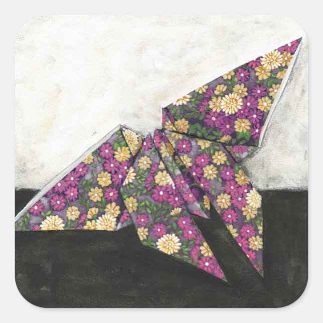 Sticker Carré Papillon Origami sur papier floral (Devant)