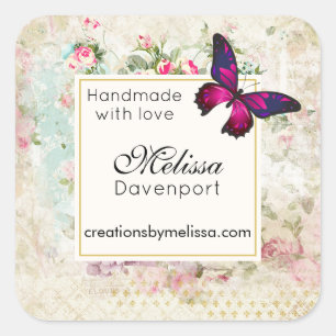 Sticker Carré Papillon rose et Shabby Vintage Rose Business