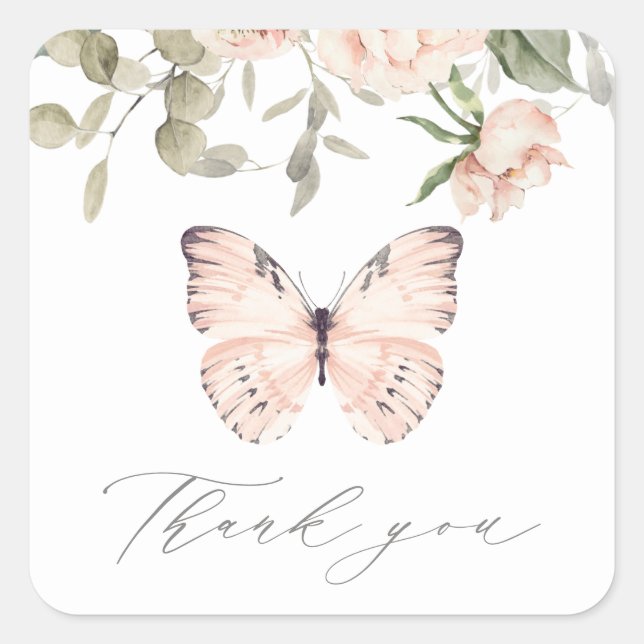 Sticker Carré Papillon rose floral Merci d'anniversaire (Devant)