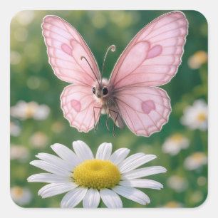 Sticker Carré Papillon rose girly et marguerite blanche