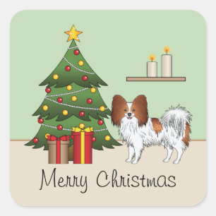 Sticker Carré Papillon Rouge Et Blanc Près D'un Arbre De Noël