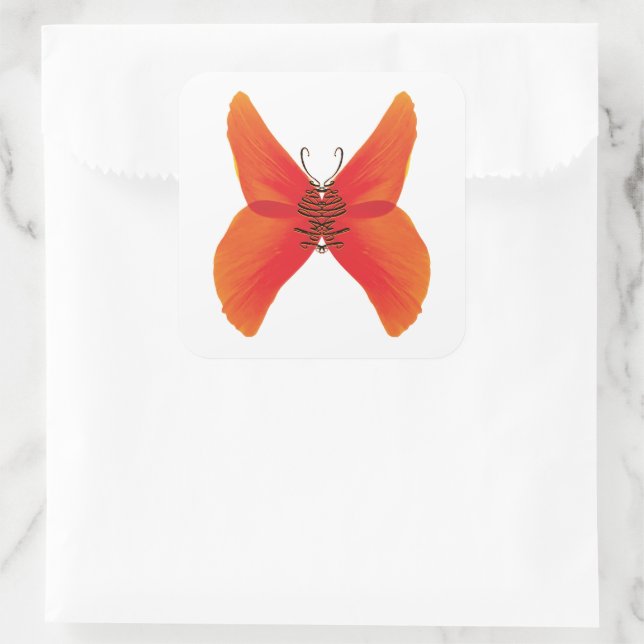Sticker Carré Papillon rouge orange avec votre nom (Sac)