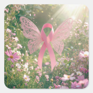 Sticker Carré Papillon Ruban Rose dans un Jardin