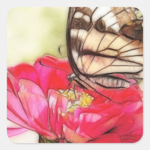 Sticker Carré Papillon Swallowtail jaune sur une Zinnia