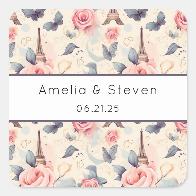Sticker Carré Papillon Tour Eiffel et Motif Rose - Mariage (Devant)