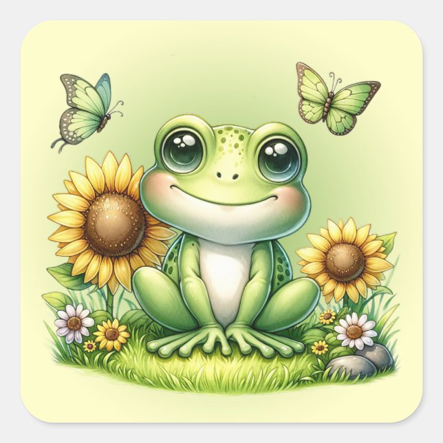 Sticker Carré Papillons de grenouille à caricature et tournesols (Devant)