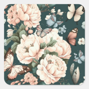 Sticker Carré Papillons et fleurs