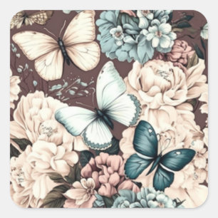 Sticker Carré Papillons et fleurs brunes
