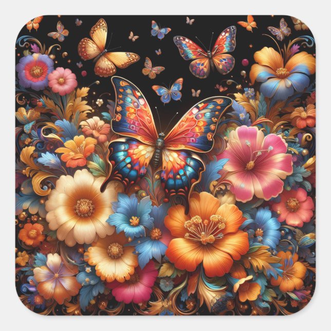 Sticker Carré Papillons et fleurs motif (Devant)