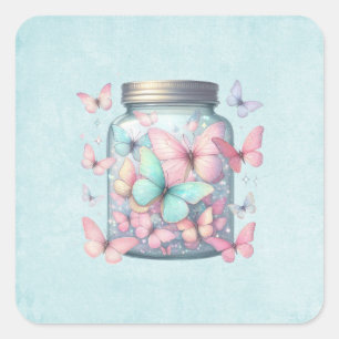 Sticker Carré Papillons Fantaisistes dans un Pot