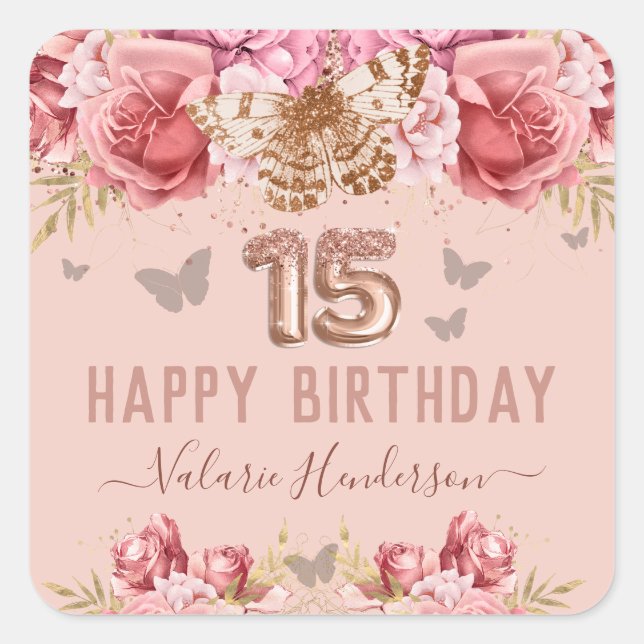 Sticker Carré Papillons floraux rose heureux 15e anniversaire (Devant)