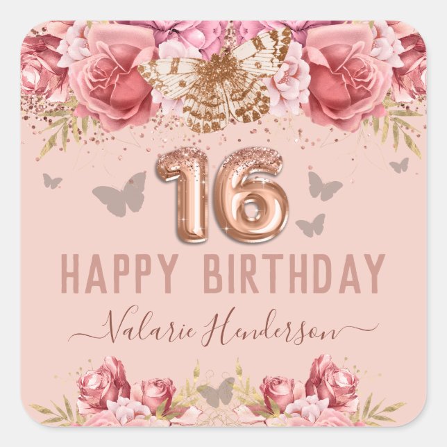 Sticker Carré Papillons floraux rose joyeux 16e anniversaire (Devant)