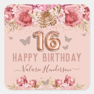 Sticker Carré Papillons floraux rose joyeux 16e anniversaire