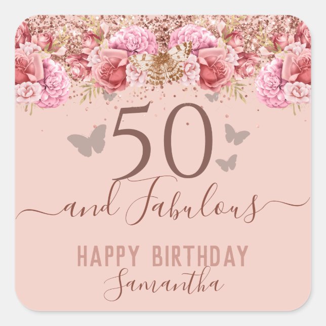 Sticker Carré Papillons floraux rose joyeux 50e anniversaire (Devant)
