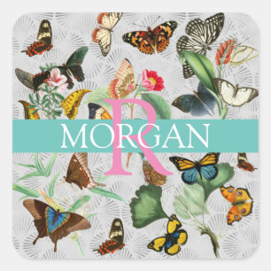 Sticker Carré Papillons vintages, Monogramme & Nom, Turquoise & 