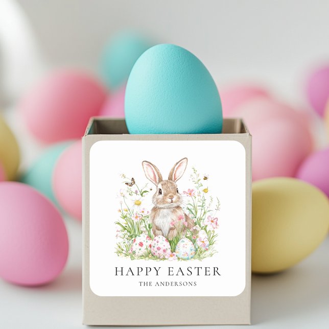 Sticker Carré Pâques joyeuses avec nom de famille |Joli lapin (Créateur téléchargé)