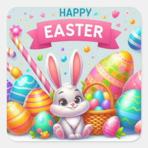 Sticker Carré Pâques joyeuses - Oeufs de lapin en couleurs paste