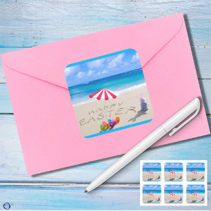 Sticker Carré Pâques joyeuses sur la plage tropicale côtière de 