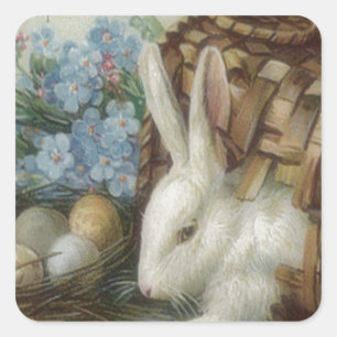 Sticker Carré Pâques Lapin Coloré Painté Panier OEuf Oubliez-Moi