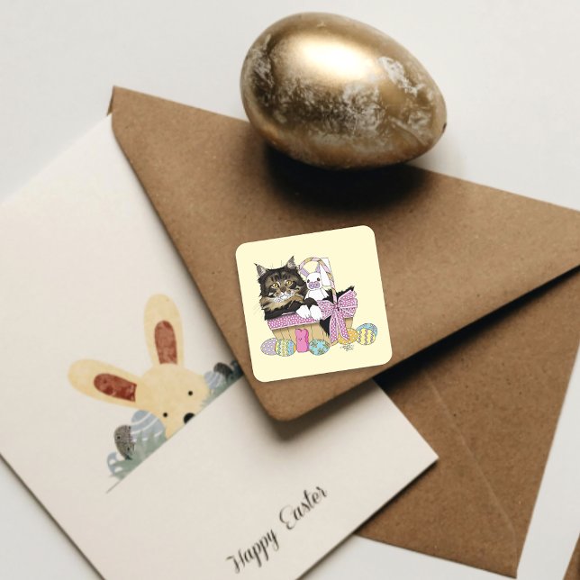 Sticker Carré Pâques Panier Tabby Kitten (Créateur téléchargé)