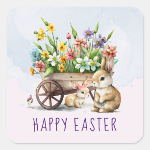 Sticker Carré Pâques Personnalisés avec de Mignons Lapins