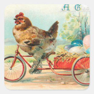 Sticker Carré Pâques vintage Poulet à vélo Oeuf de Pâques