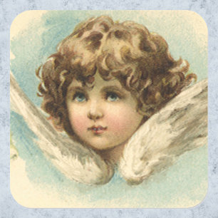 Sticker Carré Pâques vintages, Ange victorien avec Fleurs Lily