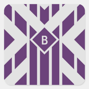 Sticker Carré Parallélogramme violet rayures sur gris avec Monog
