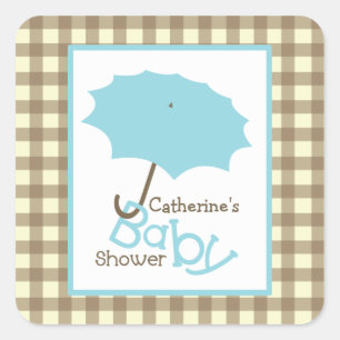 Sticker Carré Parapluie bleu baby shower et En vichy Brown
