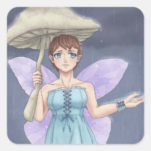 Sticker Carré Parapluie de champignons de retenue de fées dans l