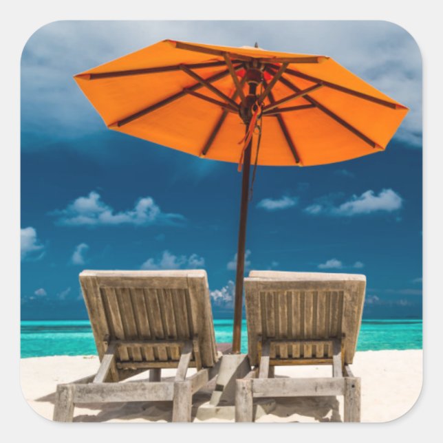 Sticker Carré Parapluie Soleil Sur La Plage De Sandy |Maldives (Devant)