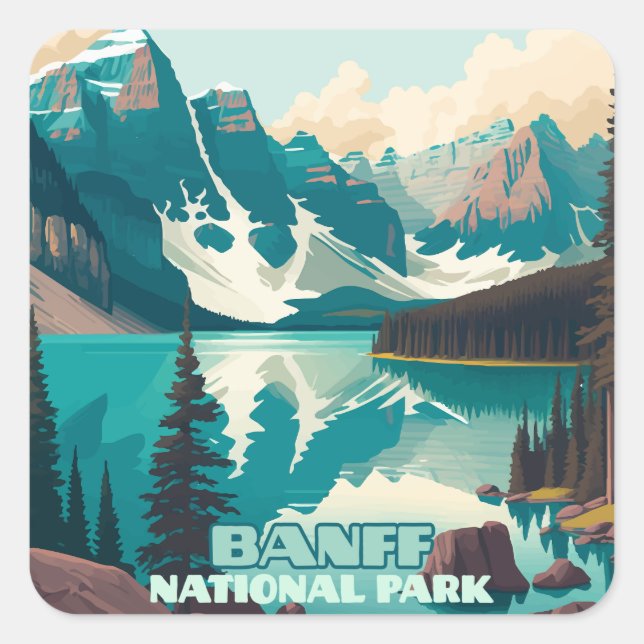 Sticker Carré Parc national Banff Moraine Lac Retro (Devant)
