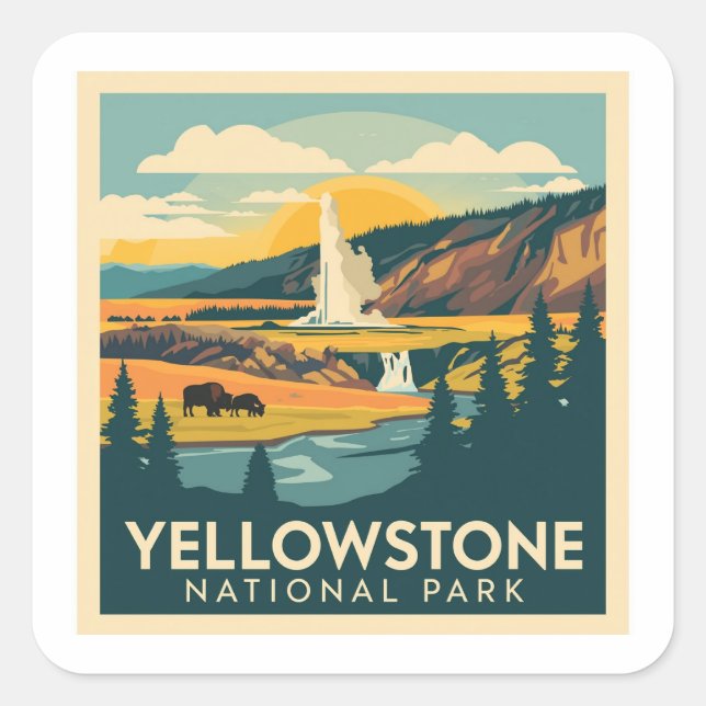 Sticker Carré Parc national de Yellowstone Design d'aventure (Devant)