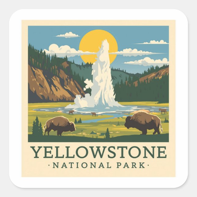 Sticker Carré Parc national de Yellowstone Design d'aventure (Devant)