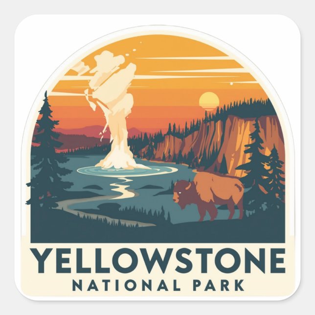 Sticker Carré Parc national de Yellowstone Design d'aventure (Devant)