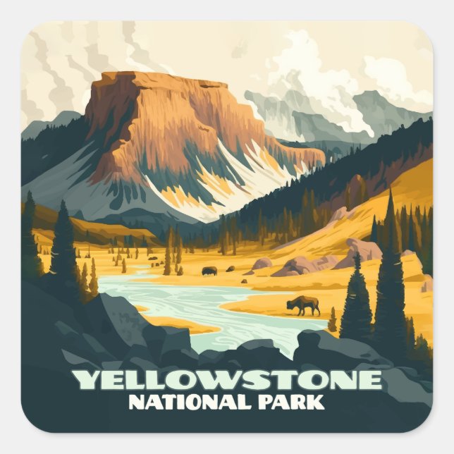 Sticker Carré Parc national de Yellowstone Wyoming Mounts Rétro (Devant)