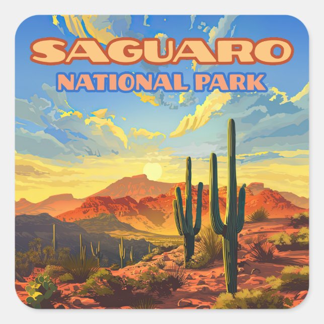 Sticker Carré Parc national du Saguaro Arizona Désert Cactus Rét (Devant)
