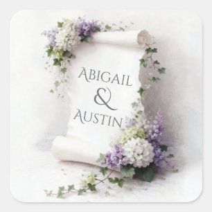Sticker Carré Parchemin de mariage blanc avec bordure florale 