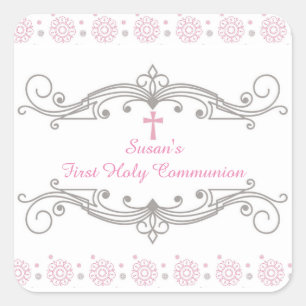 Sticker Carré Parchemin ornemental avec Fleurs, Croix rose