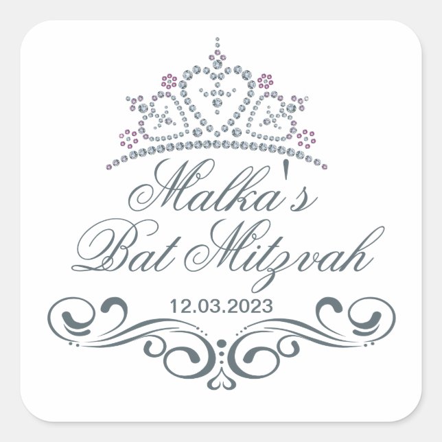 Sticker Carré Parchemins gris bleu, logo Bat mitzvah Tiara (Devant)