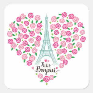 Sticker Carré Paris Bonjour   Coeur floral